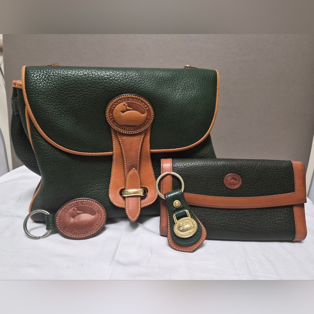 Rare Vintage 1996 Dooney & Bourke Tan & Ivy Green Leather Bag Wallet FOBS Essex